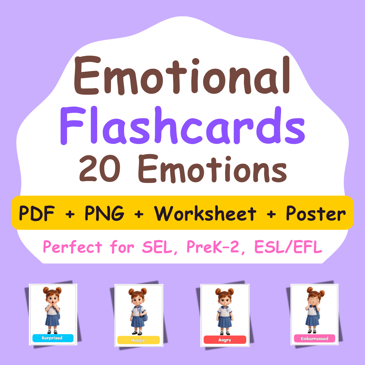 Emotional Flashcards – 20 Emotions Pack | PDF + PNG + Worksheet + Poster