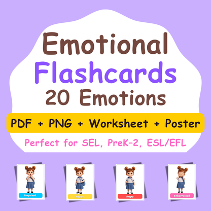 Emotional Flashcards – 20 Emotions Pack | PDF + PNG + Worksheet + Poster