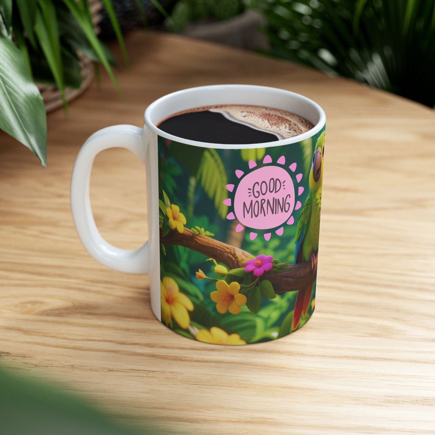 Good Morning Parrot Ceramic Mug – Colorful Jungle Coffee & Tea Cup