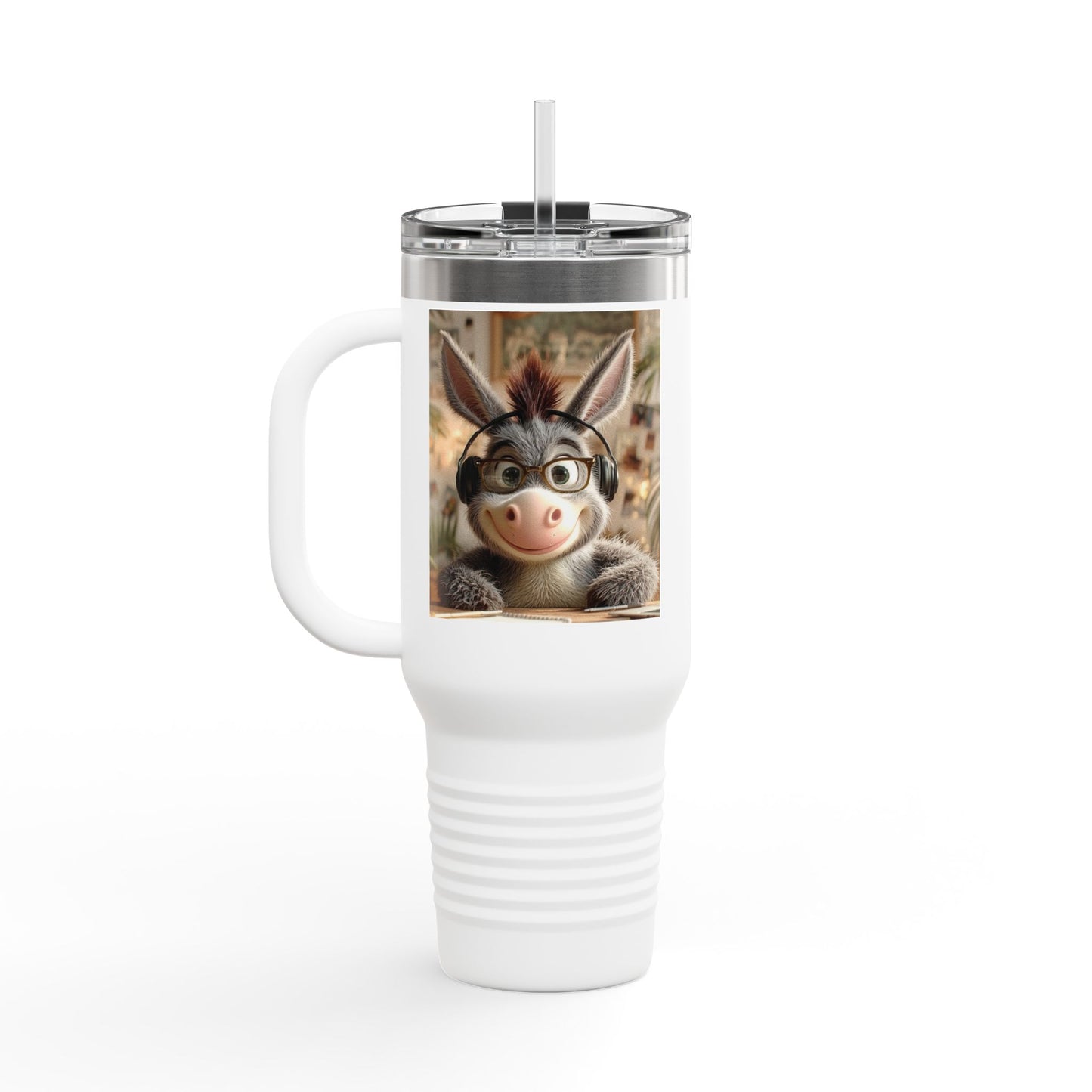 Cute Character Insulated Travel Mug, Reusable Coffee Mug, Donkey Design Tumbler, Gift for Animal Lovers, Eco-Friendly Cup