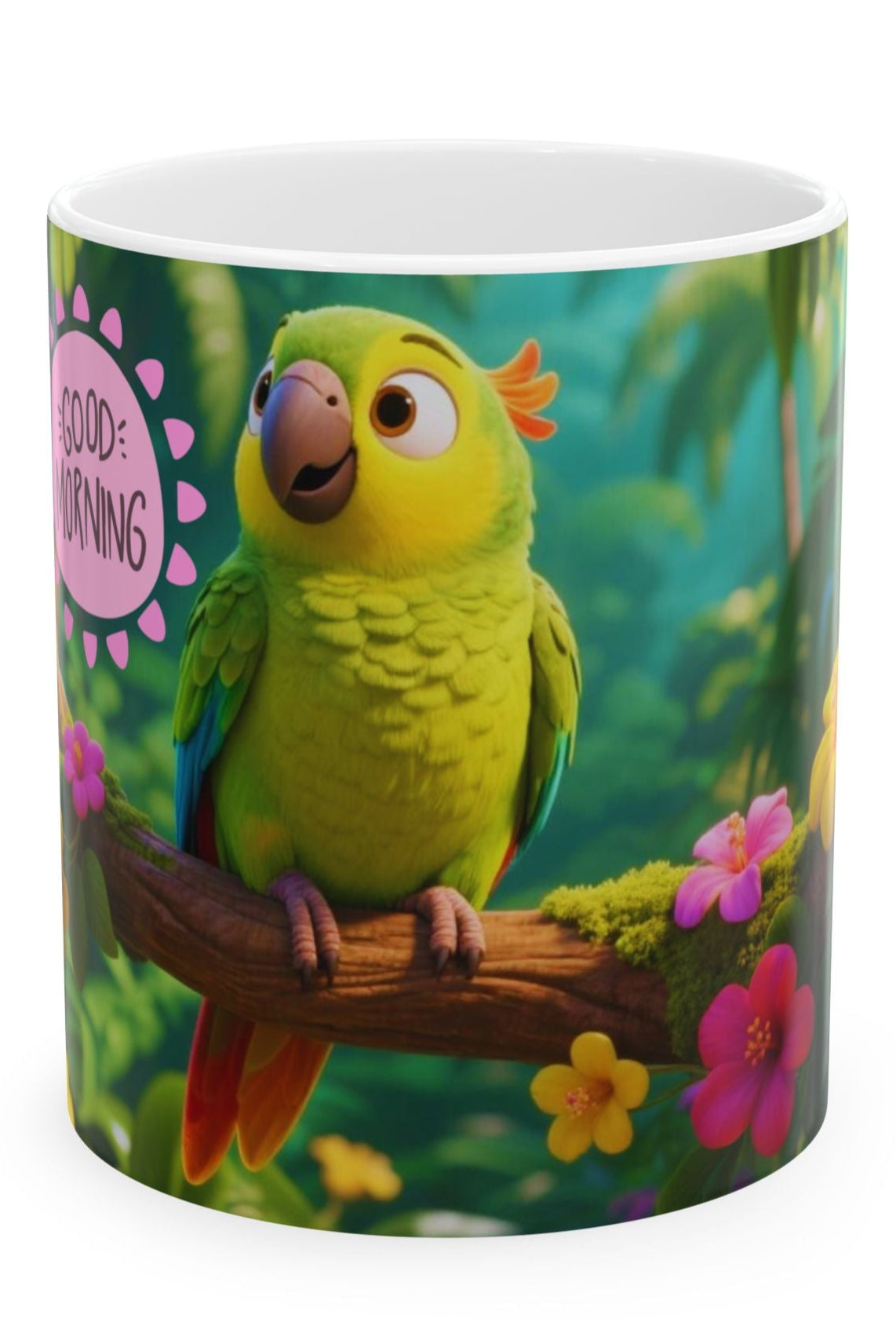 Good Morning Parrot Ceramic Mug – Colorful Jungle Coffee & Tea Cup