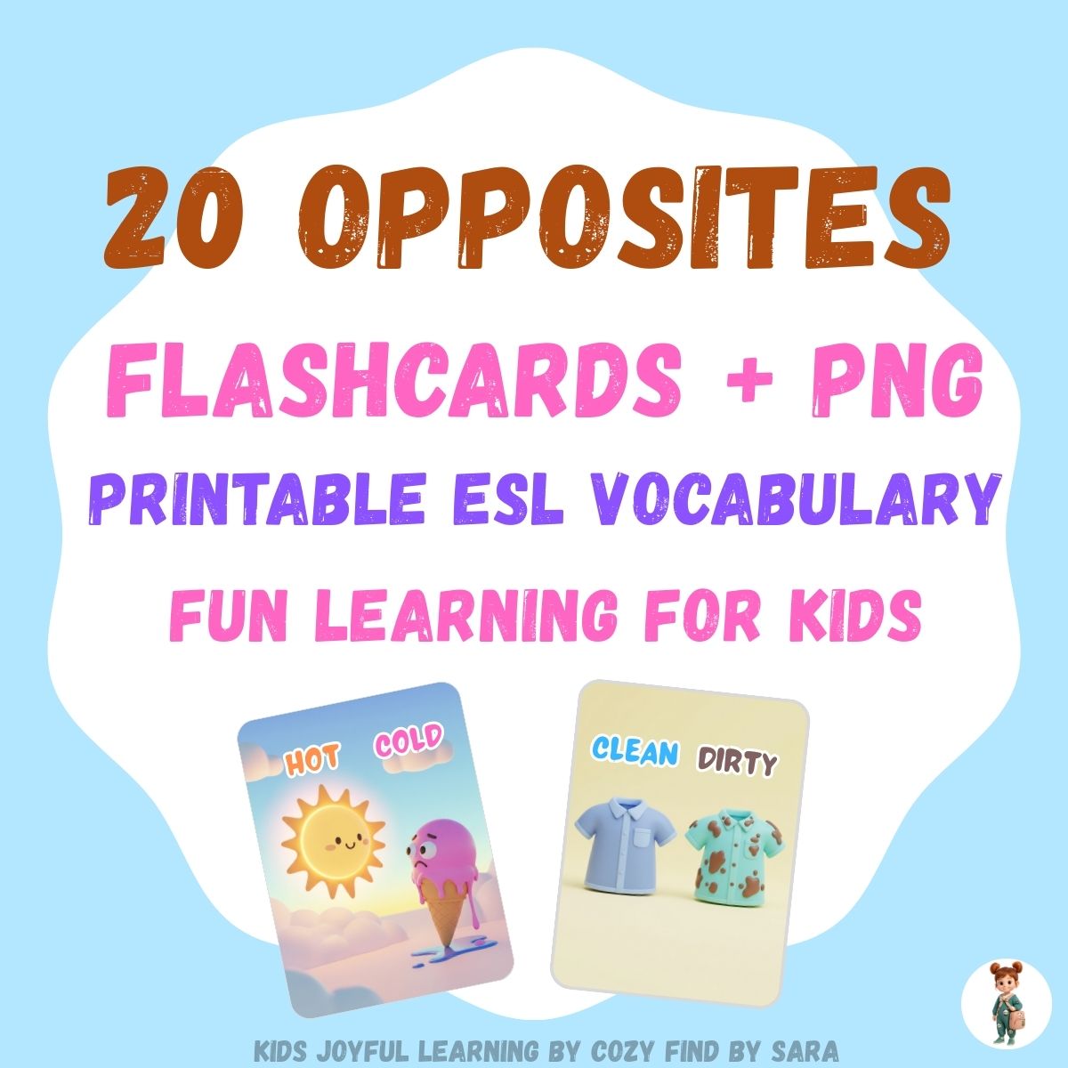 20 Opposites Flashcards | PDF + PNG Digital Download for Kids & ESL