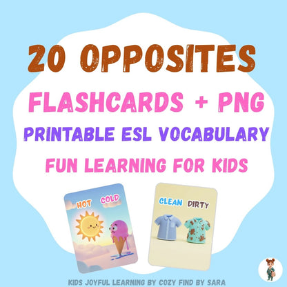 20 Opposites Flashcards | PDF + PNG Digital Download for Kids & ESL