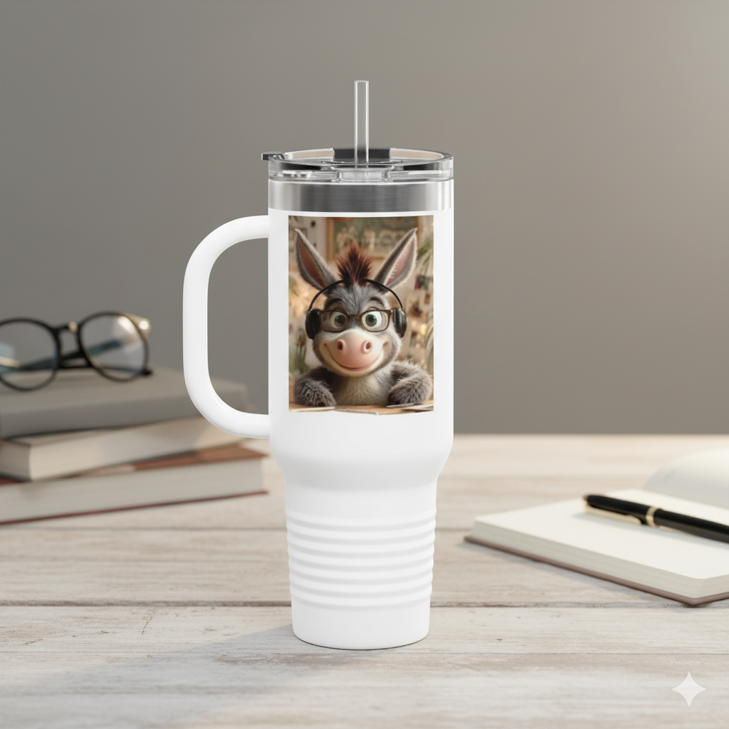 Cute Character Insulated Travel Mug, Reusable Coffee Mug, Donkey Design Tumbler, Gift for Animal Lovers, Eco-Friendly Cup