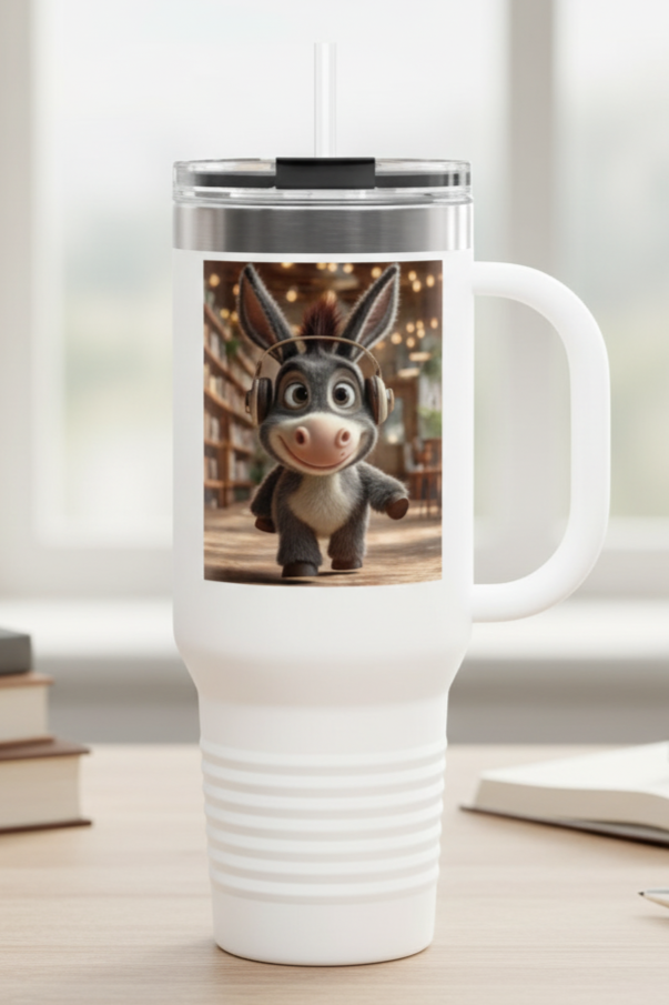 Cute Character Insulated Travel Mug, Reusable Coffee Mug, Donkey Design Tumbler, Gift for Animal Lovers, Eco-Friendly Cup