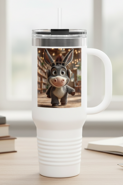 Cute Character Insulated Travel Mug, Reusable Coffee Mug, Donkey Design Tumbler, Gift for Animal Lovers, Eco-Friendly Cup