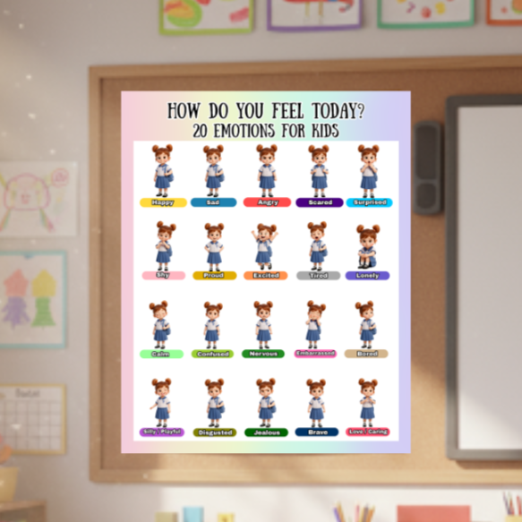 Emotions Poster for Kids | 20 Feelings Chart, Social Emotional Learning Wall Art, Classroom Decor, Kids Room Educational Print