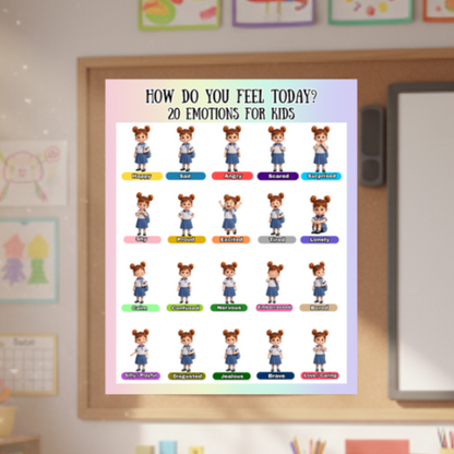 Emotions Poster for Kids | 20 Feelings Chart, Social Emotional Learning Wall Art, Classroom Decor, Kids Room Educational Print