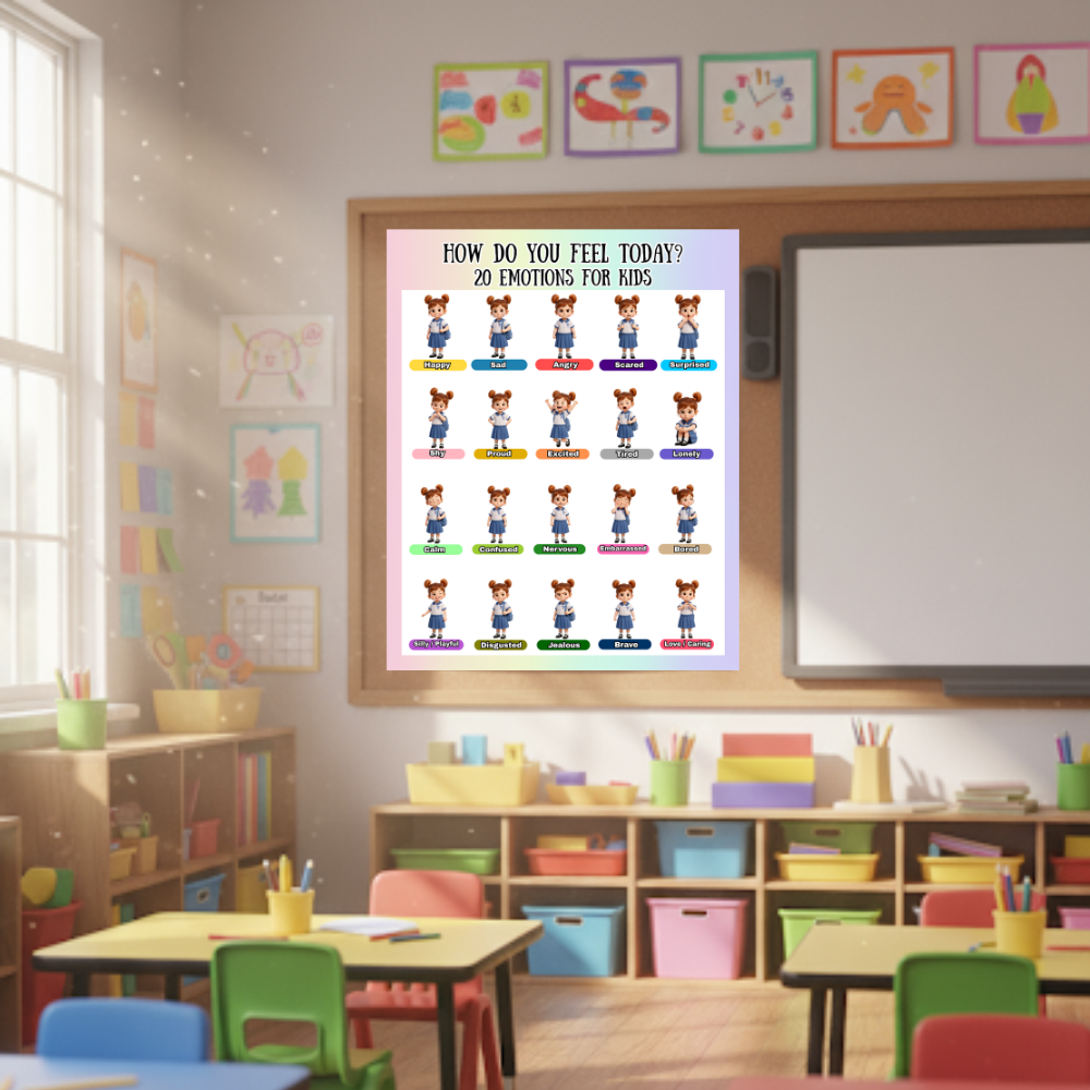 Emotions Poster for Kids | 20 Feelings Chart, Social Emotional Learning Wall Art, Classroom Decor, Kids Room Educational Print